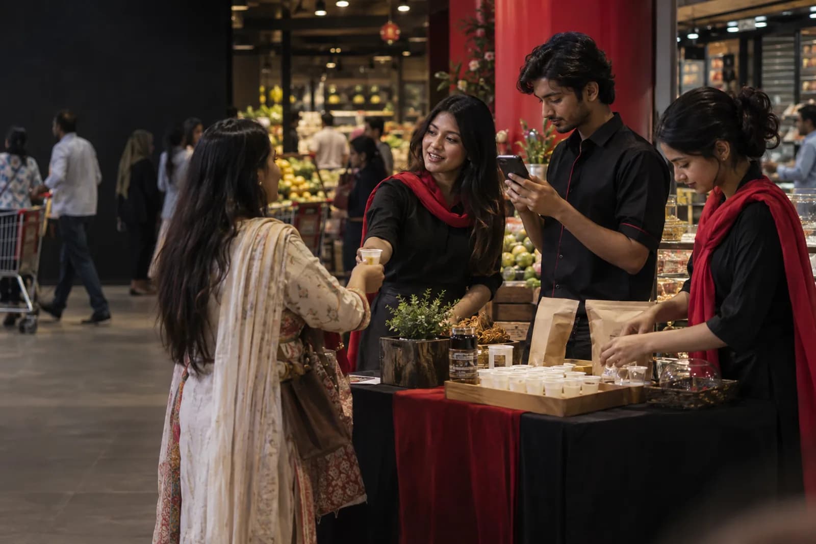 Bangladeshi brand promoters offering samples and recording customer responses at a supermarket activation